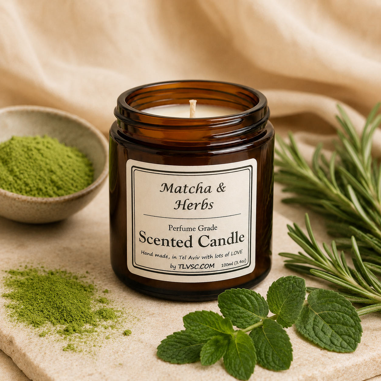 Matcha and Herbs 100 ml brown glass scented candle with matcha and herbs atmosphere