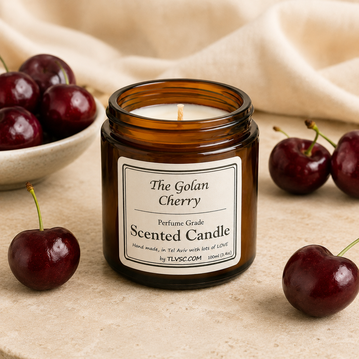 The Golan Cherry 100 ml brown glass scented candle with cherry atmosphere