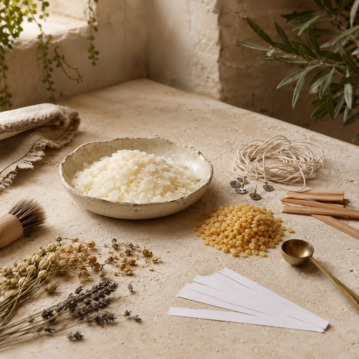 Candle, soap, and fragrance making materials on a warm studio worktable